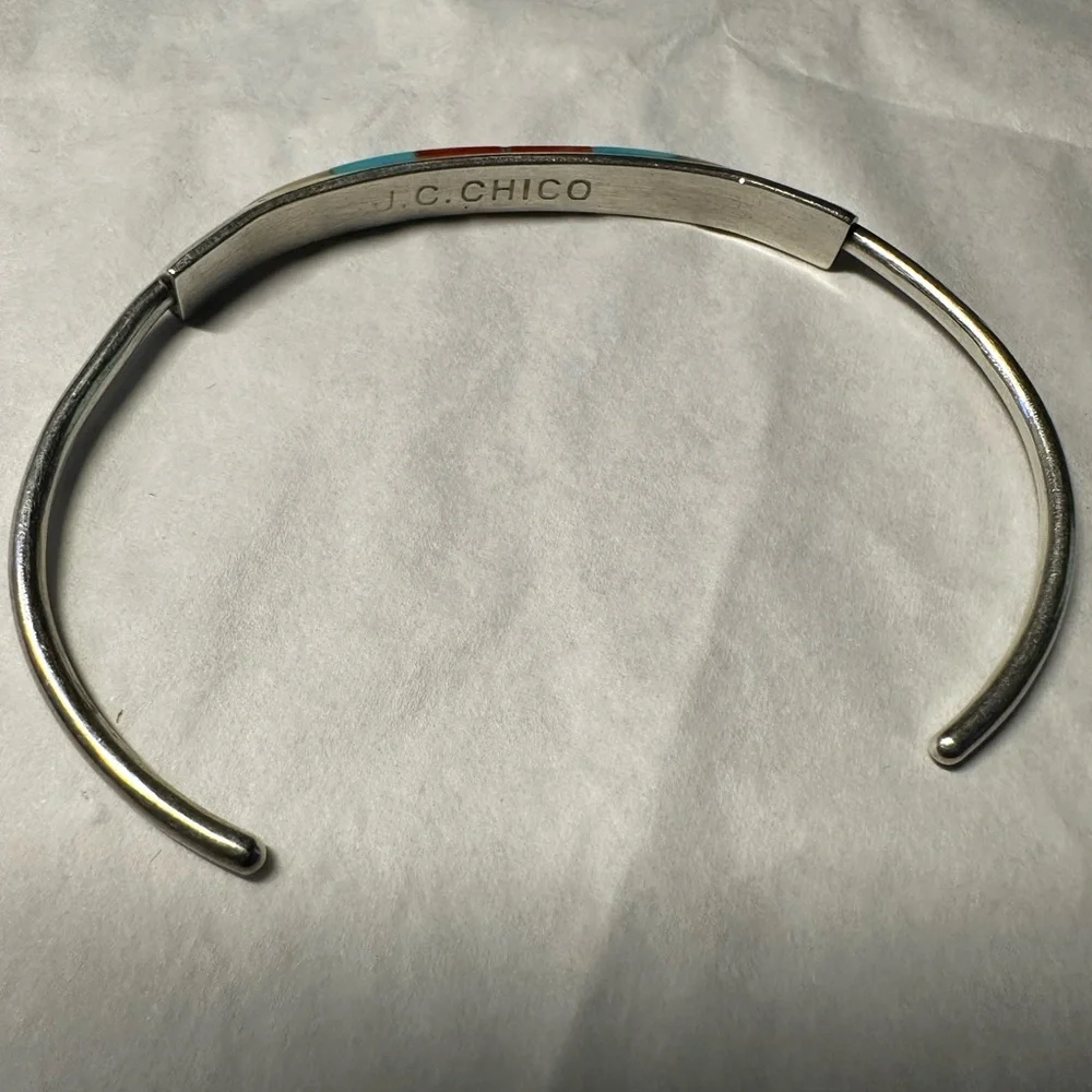 Vintage handmade Native American Zuni inlaid turquoise silver cuff bracelet - Picture 4 of 12